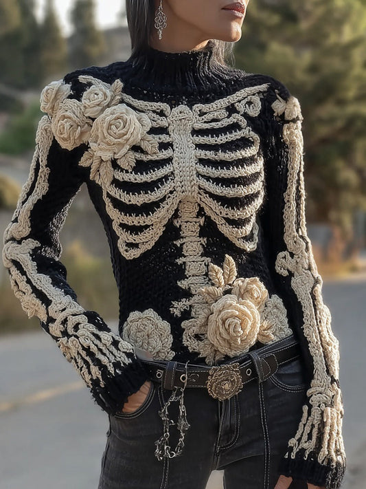 Vintage Skeleton Roses Embroidered Cozy Knit Sweater artswardrobe