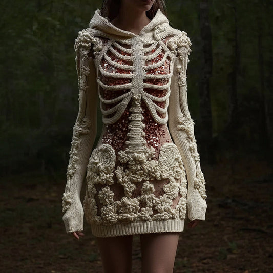 Women's Halloween Skull Sequin Art Knitted Warm Hooded Mini Skirt artswardrobe