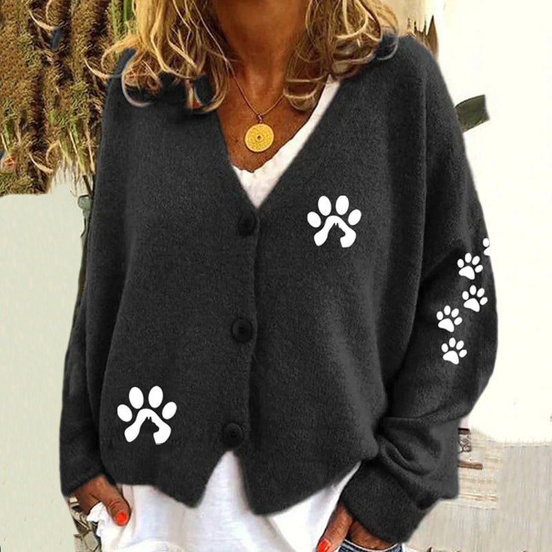 Cute Paw Print V-Neck Long Sleeved Knitted Cardigan elevenforest