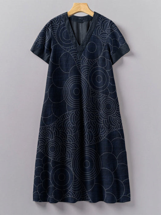 Vintage Japanese Traditional Sashiko Art Pattern Painting V-Neck Dress