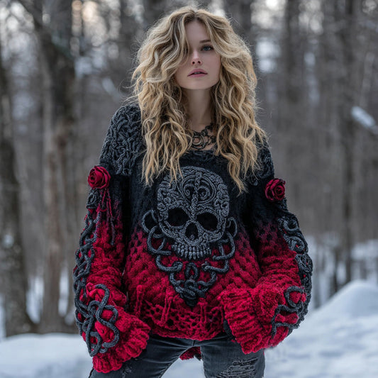 Women's Vintage Tribal Celtic Skull Rose Gradient Art Cozy Knit Sweater artswardrobe