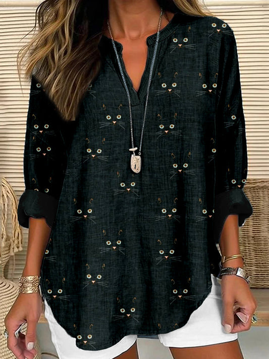 Cute Cat Face Pattern Linen Blend Cozy Shirt elevenforest