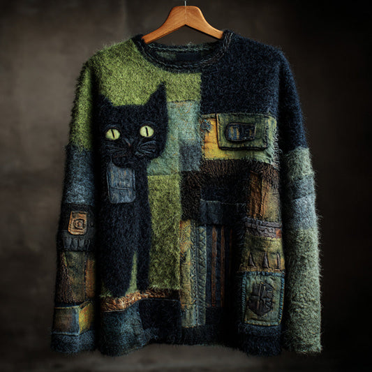 Women's Casual Vintage Halloween Black Cat Embroidered Sweater artswardrobe
