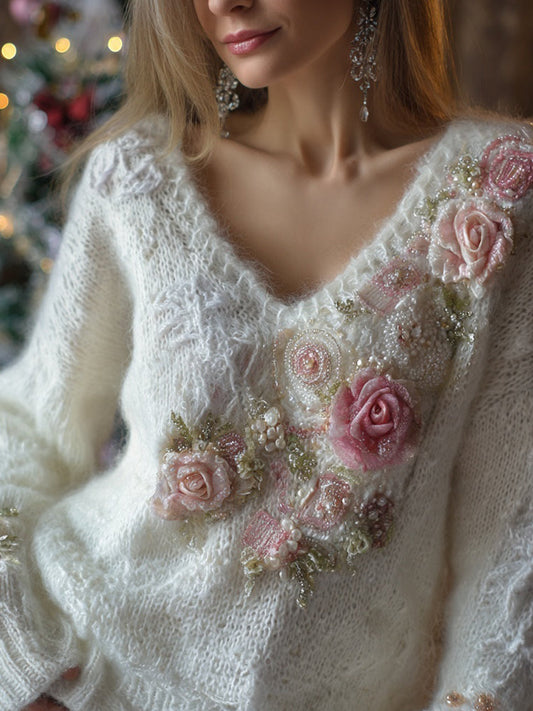 Elegant Pink Roses Beads Embroidered Cozy Knit Sweater artswardrobe