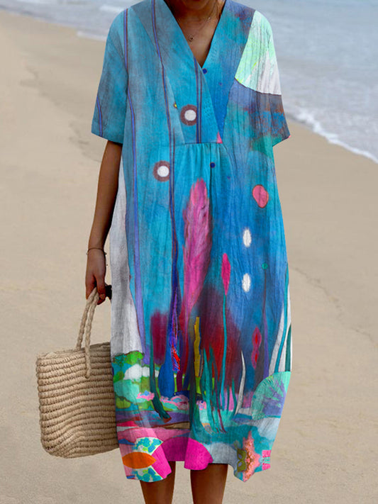 Abstract Floral V-Neck Dress