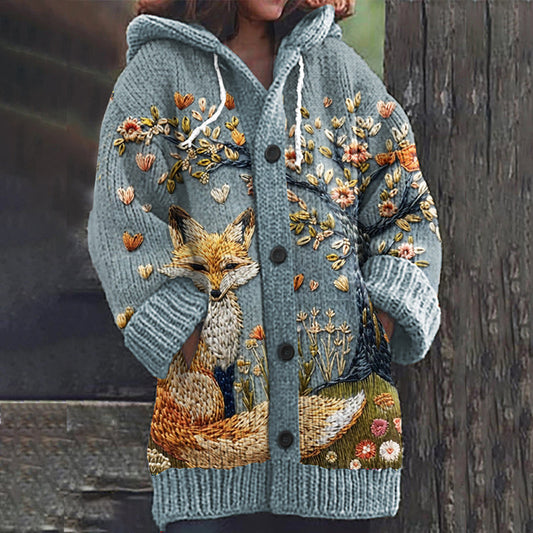 Vintage Fox Floral Embroidered Art Cozy Knit Hooded Cardigan artswardrobe