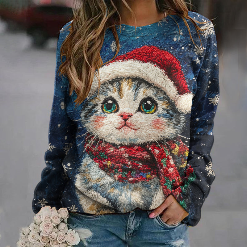 Christmas Cat Print Round Neck Long Sleeve Casual Sweatshirt elevenforest