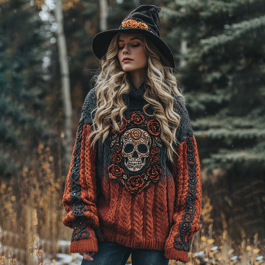 Women's Viking Tribal Jacquard Celtic With Rose And Skull Inspired Chunky Knit Hooded Sweater artswardrobe