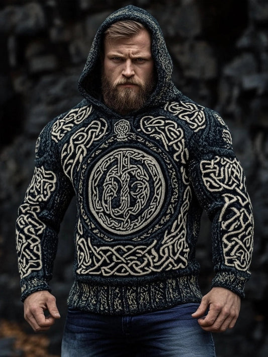Men's Viking Wolf Celtic Jacquard Cozy Hooded Sweater artswardrobe