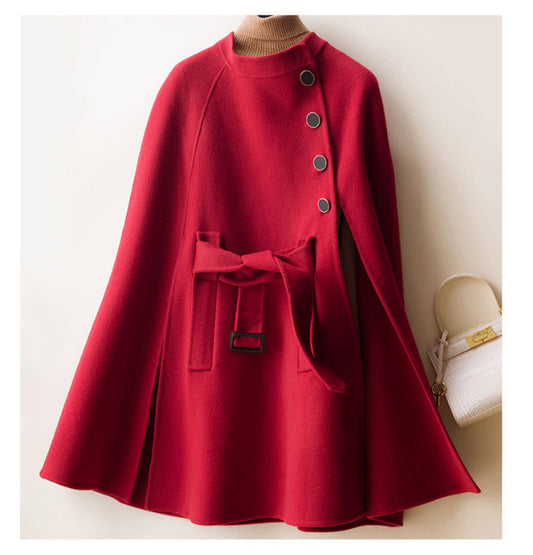 New Lace-Up Loose Mid-Length Double-faced Wool Cape Coat