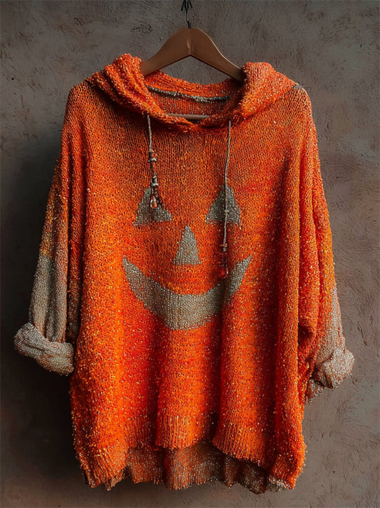 Halloween Pumpkin Face Glitter Sequins Bleached Cozy Knit Hooded Sweater artswardrobe