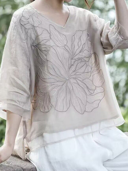 Comstylish Women's Floral Embroidery Linen Blend V-Neck Shirt