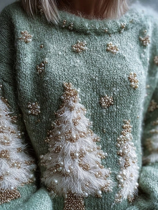 Vintage Pine Trees Embroidered Green Cozy Sweater artswardrobe