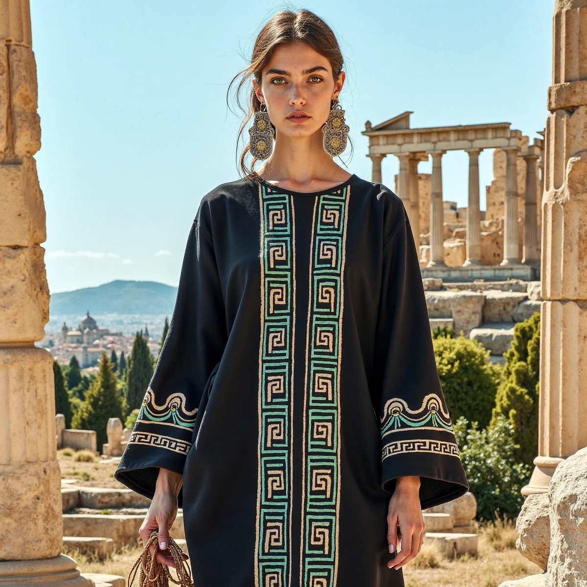 Vintage Greek Key Crew Neck Cotton Blend Mixi Dress artswardrobe