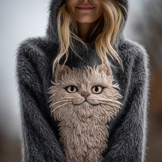 Cute Fuzzy Cat Embroidered Cozy Hooded Sweater artswardrobe