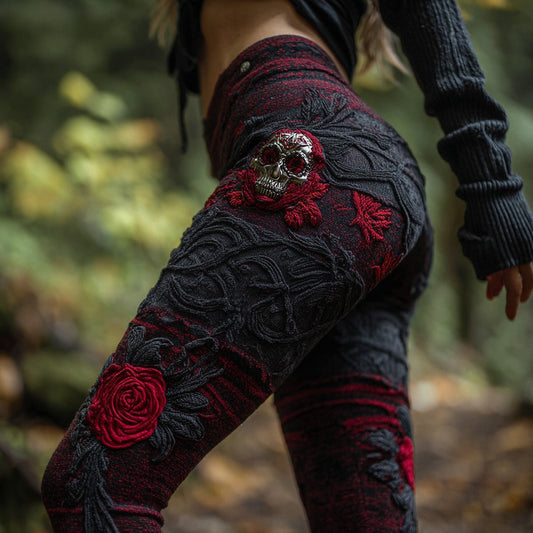 Women's Vintage Sugar Skull And Rose Pattern Comfortable Leggings artswardrobe