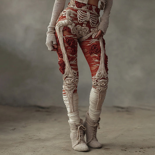 Women's Halloween Red Rose Skull Casual Leggings artswardrobe