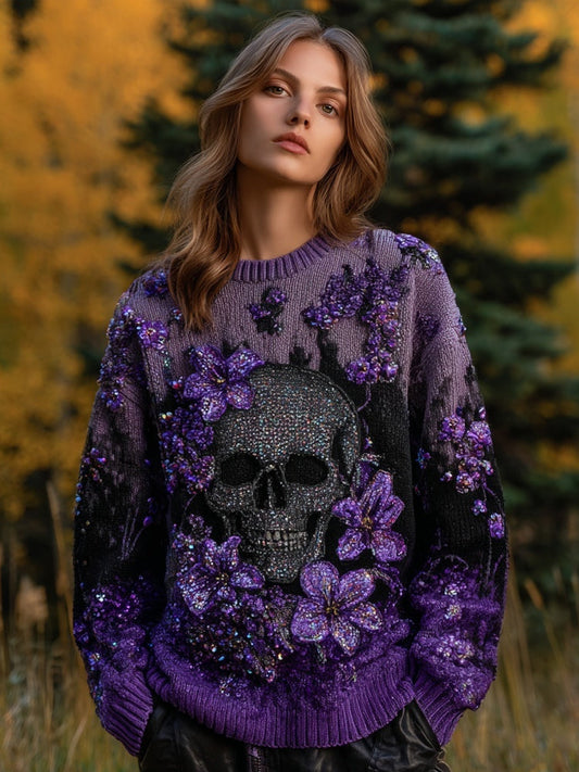 Vintage Glitter Skull & Flowers Embroidered Cozy Knit Sweater artswardrobe