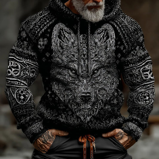 Men's Vintage Viking Wolf Art Knit Hooded Sweater artswardrobe