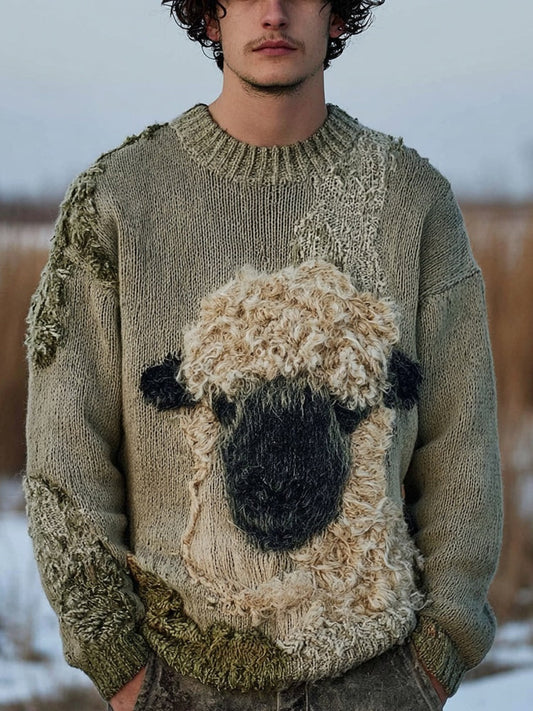 Men's Fuzzy Blacknose Sheep  Embroidered Cozy Knit Sweater artswardrobe