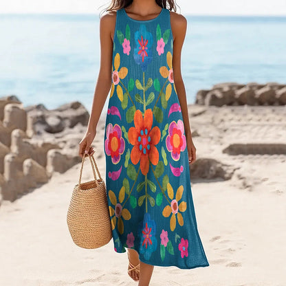 Women's Vintage Bohemian Floral Art Linen Tank Dress artswardrobe