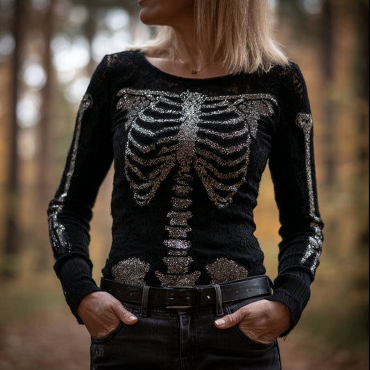 Women's Halloween Diamond Skull Round Neck Sweater artswardrobe