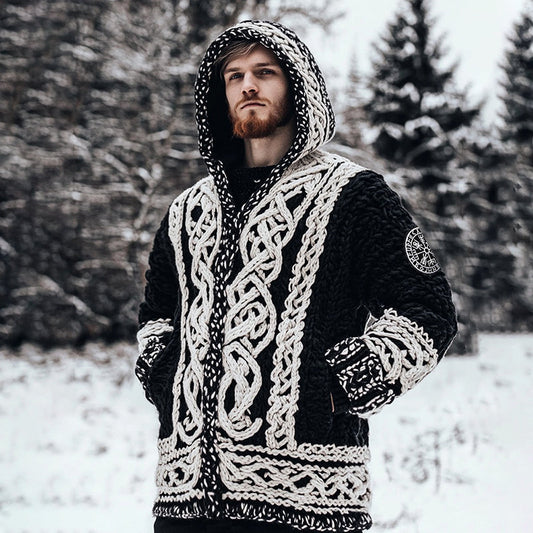 Men's Viking Tribal Celtic Jacquard Chunky Knit Zipper Hooded Cardigan artswardrobe