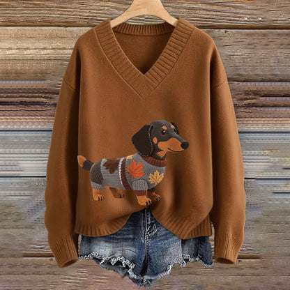Comstylish Vintage Dachshund Felt In Gradient Art Inspired Embroidered Cozy Knit Sweater
