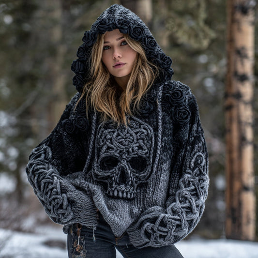 Women's Vintage Viking Tribal Celtic Skull Gradient Art Knit Hooded Sweater artswardrobe