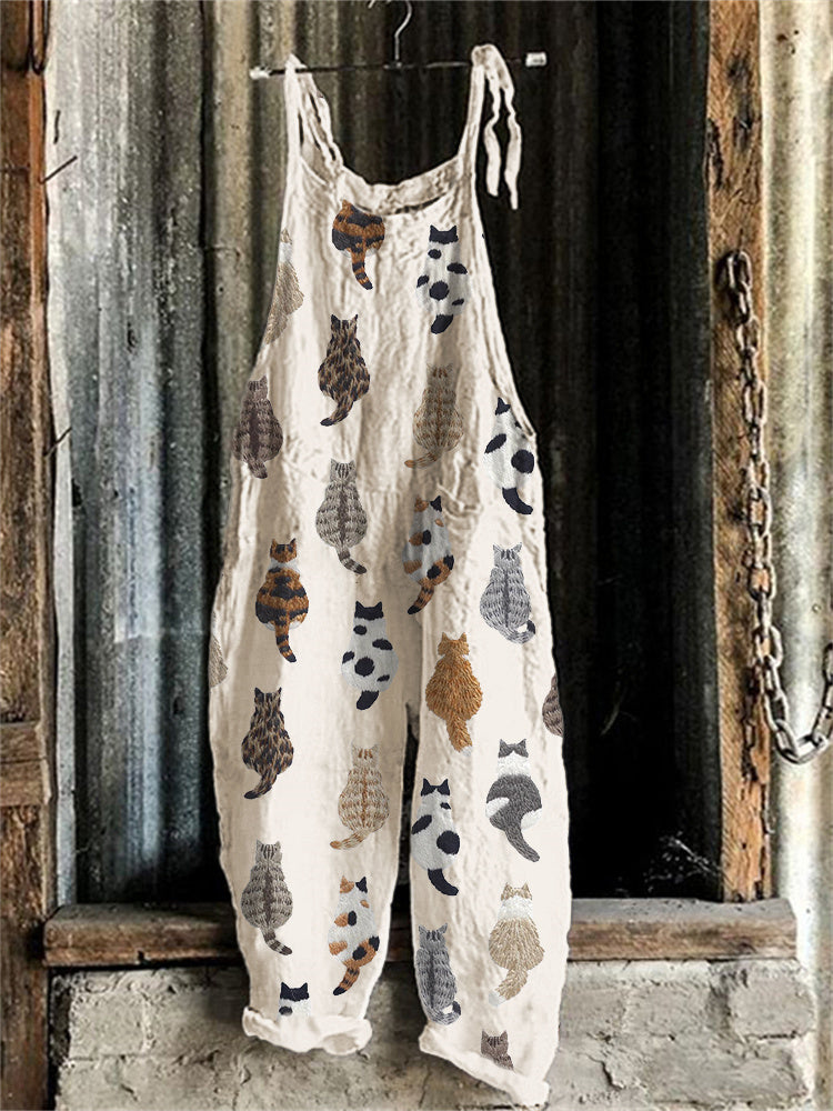 Cute Cats Embroidery Pattern Linen Blend Casual Jumpsuit elevenforest
