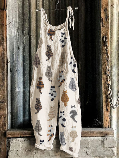 Cute Cats Embroidery Pattern Linen Blend Casual Jumpsuit elevenforest