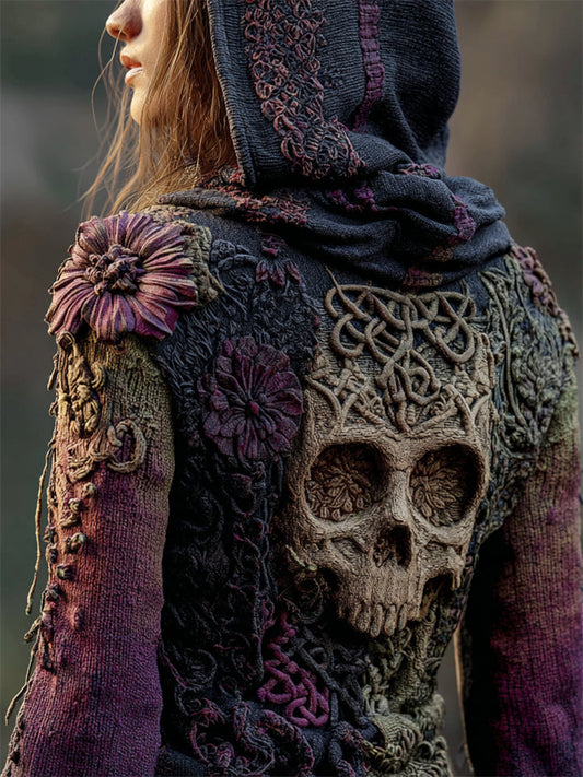 Vintage Skull Floral Celtic Gradient Cozy Knit Hooded Sweater artswardrobe