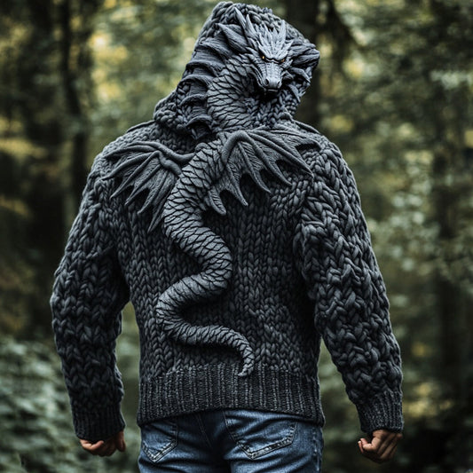 Men's Dragon Viking Chunky Knit Hooded Sweater artswardrobe