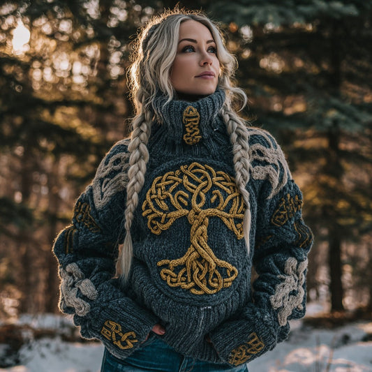 Women's Viking Celtic Knot Tree Of Life Knitted Jacquard Warm Turtleneck Sweater artswardrobe