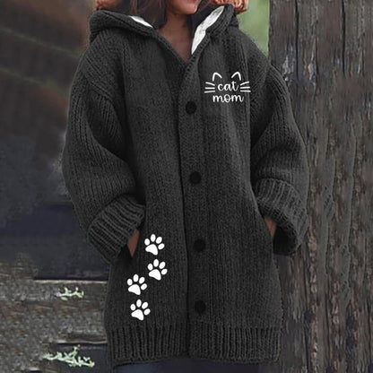 Cat Print Long Sleeved Knitted Hooded Cardigan elevenforest