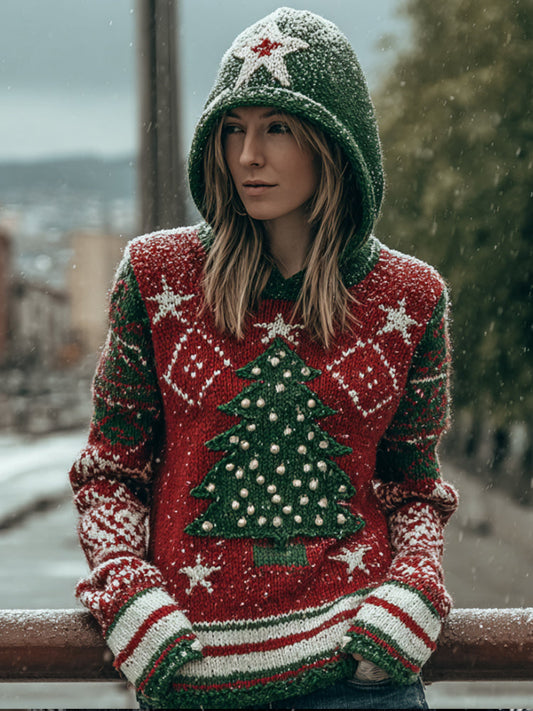 Women's Christmas Snowy Christmas Tree Fun Pattern Color Contrasting Hooded Sweater artswardrobe