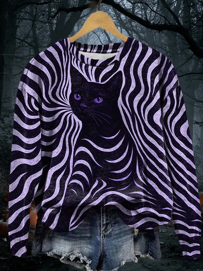 Women's Halloween Black Cat Stripes Print Casual Sweatshirt artswardrobe