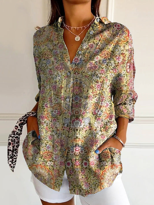 Women's Vintage Ethnic Floral Art Print Casual Cotton Shirt