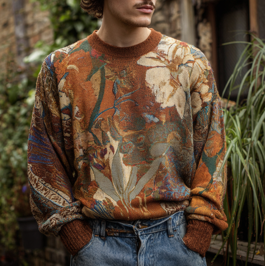 Men's Round-necked Sweater With Plant And Flower Patterns artswardrobe