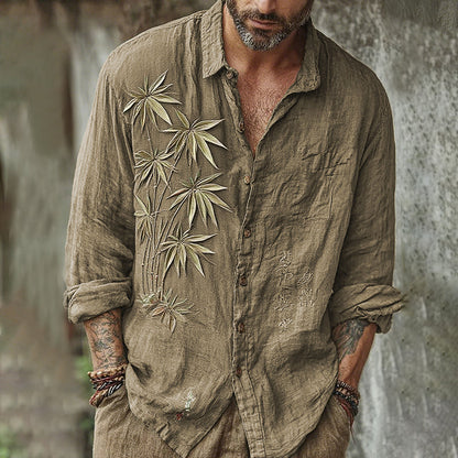 Men's Vintage Japanese Bamboo Embroidery Art Long Sleeve Linen Blend Shirt artswardrobe