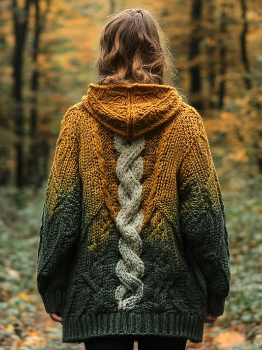 Vintage Irish Celtic Jacquard Gradient Chunky Hooded Cardigan artswardrobe
