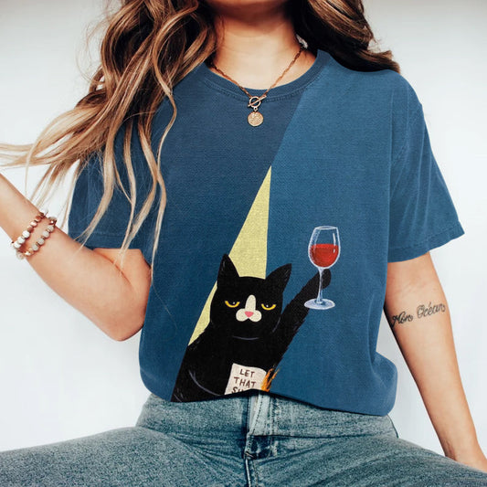 Let That Shit Go Cat Print Crew Neck T-Shirt elevenforest