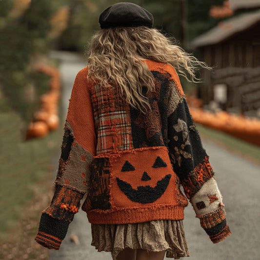 Vintage Patchwork Halloween Pumpkin Face Artcozy Knit Cardigan artswardrobe