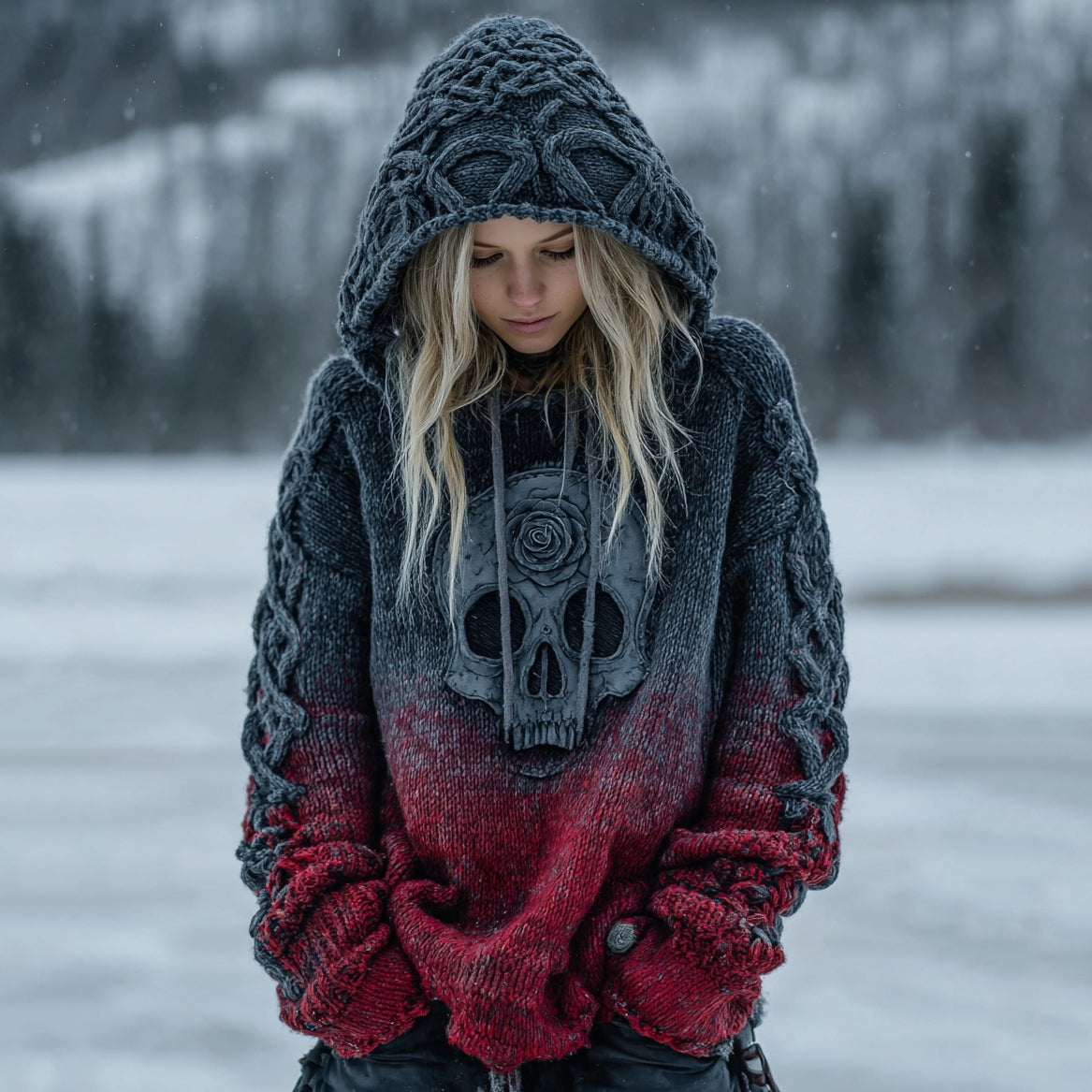 Women's Vintage Viking Tribal Celtic Skull Gradient Hooded Sweater artswardrobe