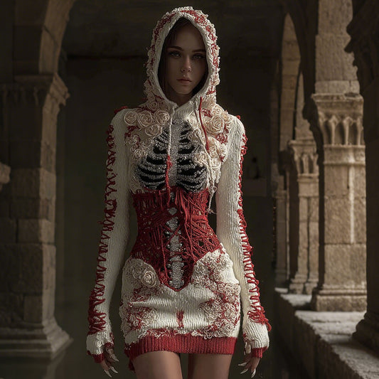 Vintage Skull Anatomy Bloodstained Bandage Contrast Color Knitted Hooded Mini Skirt artswardrobe