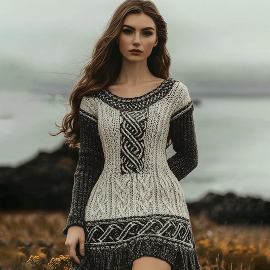 Vintage Viking Celtic Contrast Cozy Chunky Sweater Dress artswardrobe