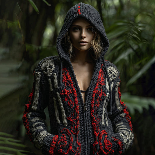 Women's Retro Contrast Skull Cozy Knit Zip Up Hooded Sweater artswardrobe