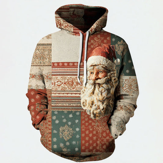 Comstylish Men's Retro Christmas Santa Claus Color Block Hooded Sweatshirt