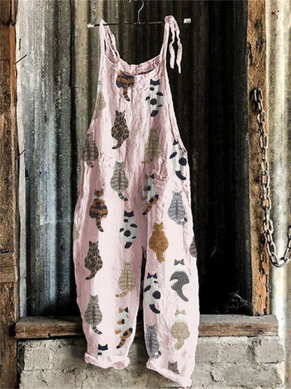 Cute Cats Embroidery Pattern Linen Blend Casual Jumpsuit elevenforest