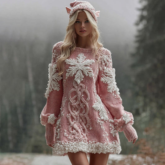 Women's Christmas Snowflake Embroidered Celtic Knot Midi Sweater Dress artswardrobe